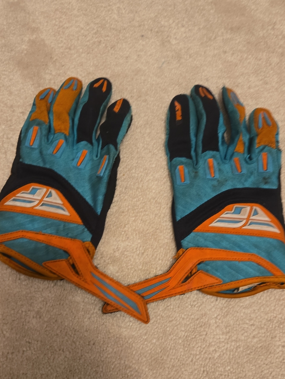 FLY Racing F16 Motorcross Gloves Orange Blue Black Size 10L Hole In Left Palm